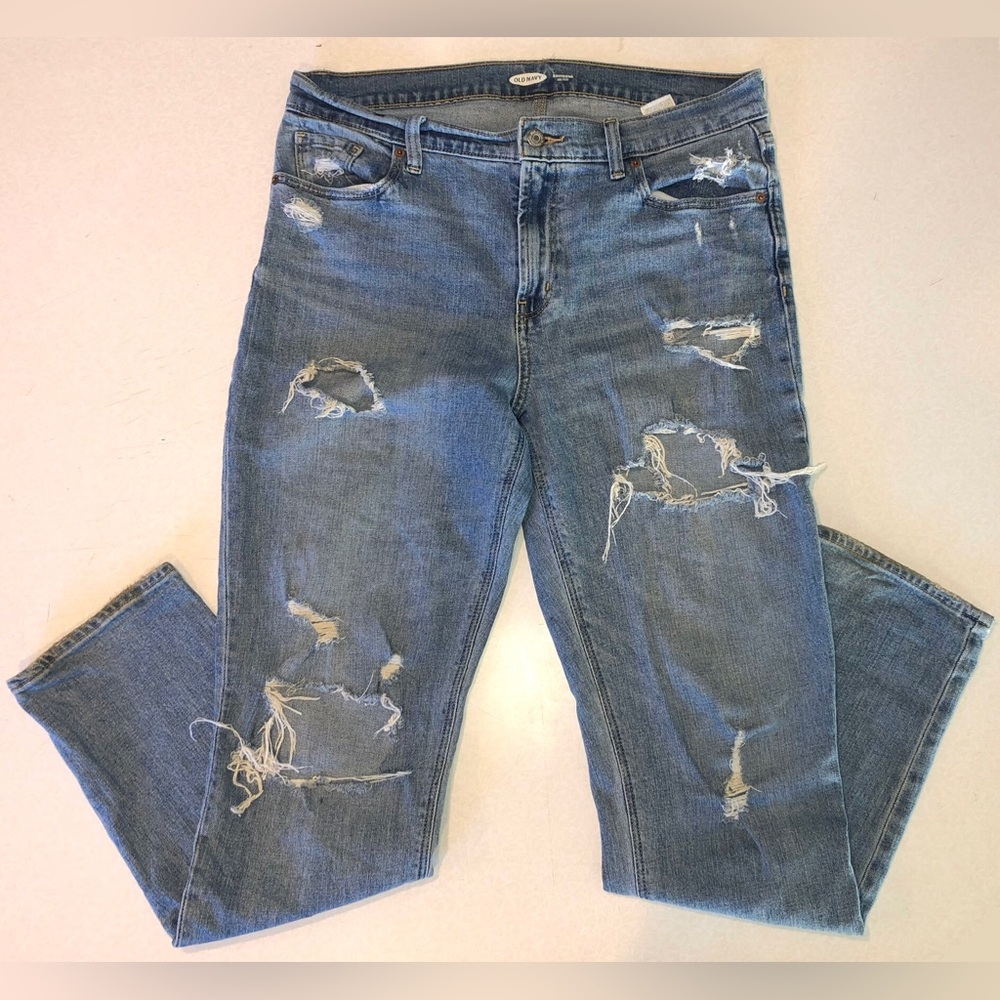 Old Navy Women's Distressed Boyfriend Mid Rise Denim Blue Jeans - 10 Tall - Picture 3 of 11